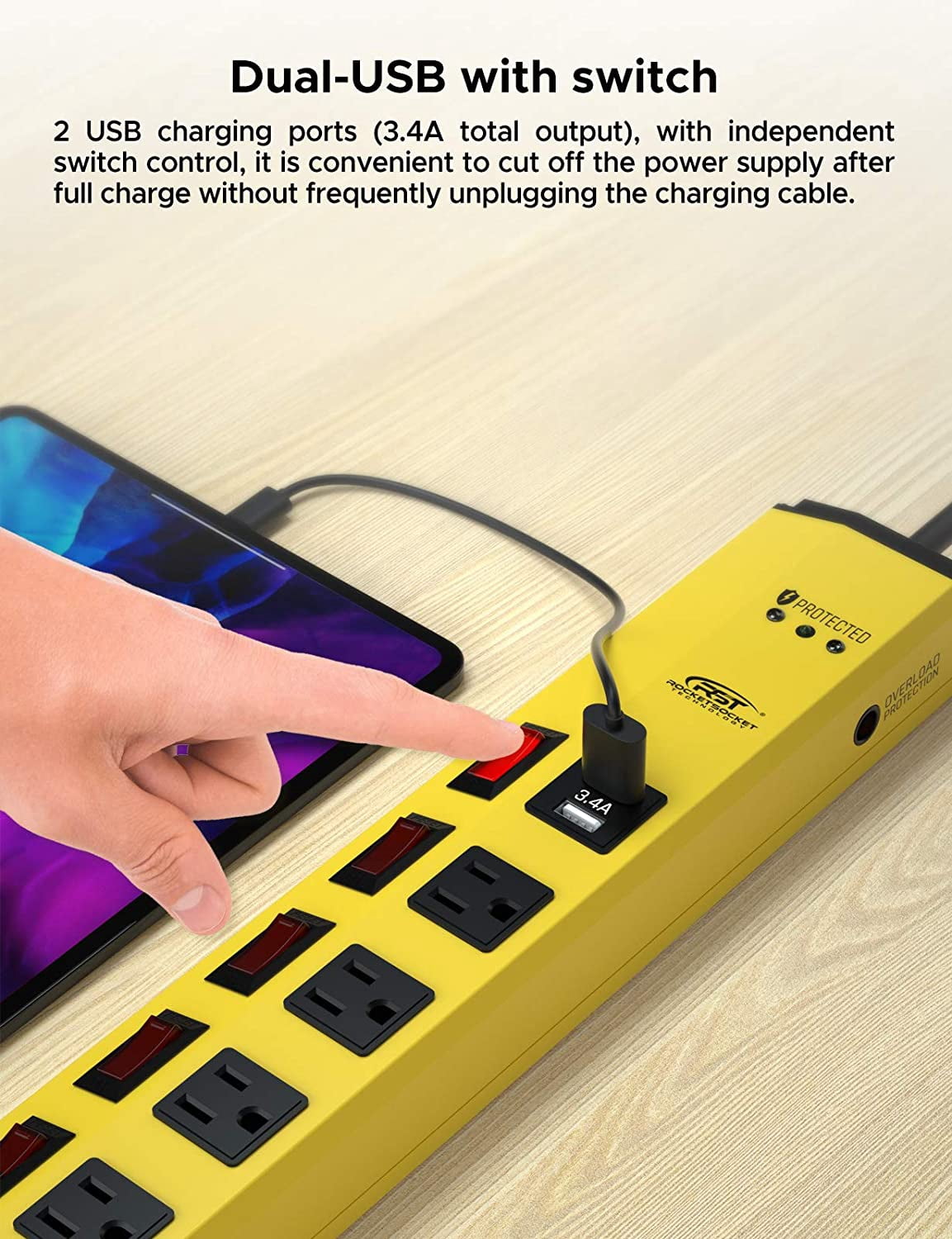 CRST Surge Protector Power Strip Individual Switches 6 Outlets with Dual USB (3.4A), Flat Plug 6FT 14AWG/3C Heavy Duty Extension Power Cord, 1200J