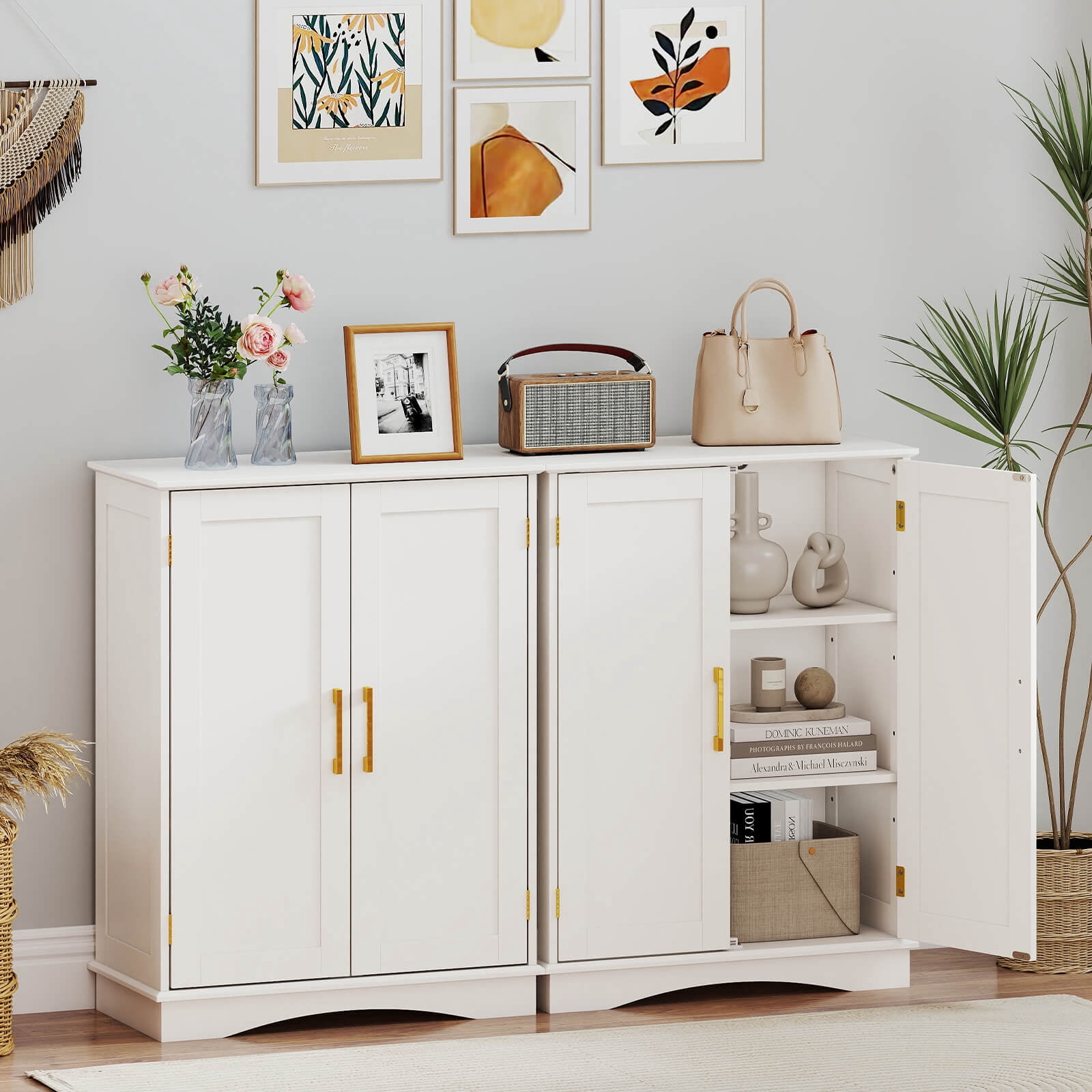 Costway Floor Storage Cabinet Modern Storage Organizer with Adjustable Shelves &2 Doors