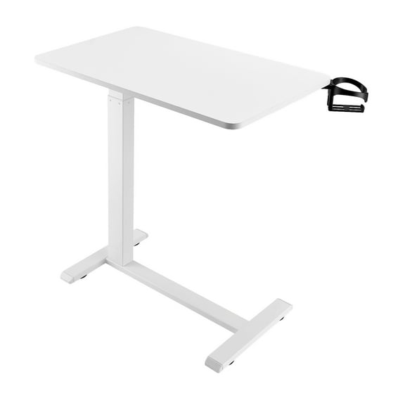 KFFKFF Adjustable Overbed Table with Hidden Wheels, Rolling Laptop Desk with Cup Holder, Portable Particleboard Bedside Desk for Home, Office, and Study, White