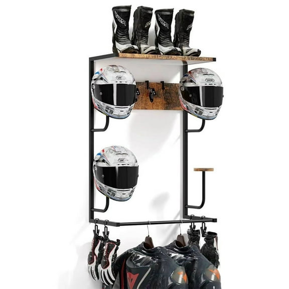 Motorcycle Helmet Rack, Wall Mount Helmet Holder with Wood Shelf and Hooks for Multiple Helmets and Clothes