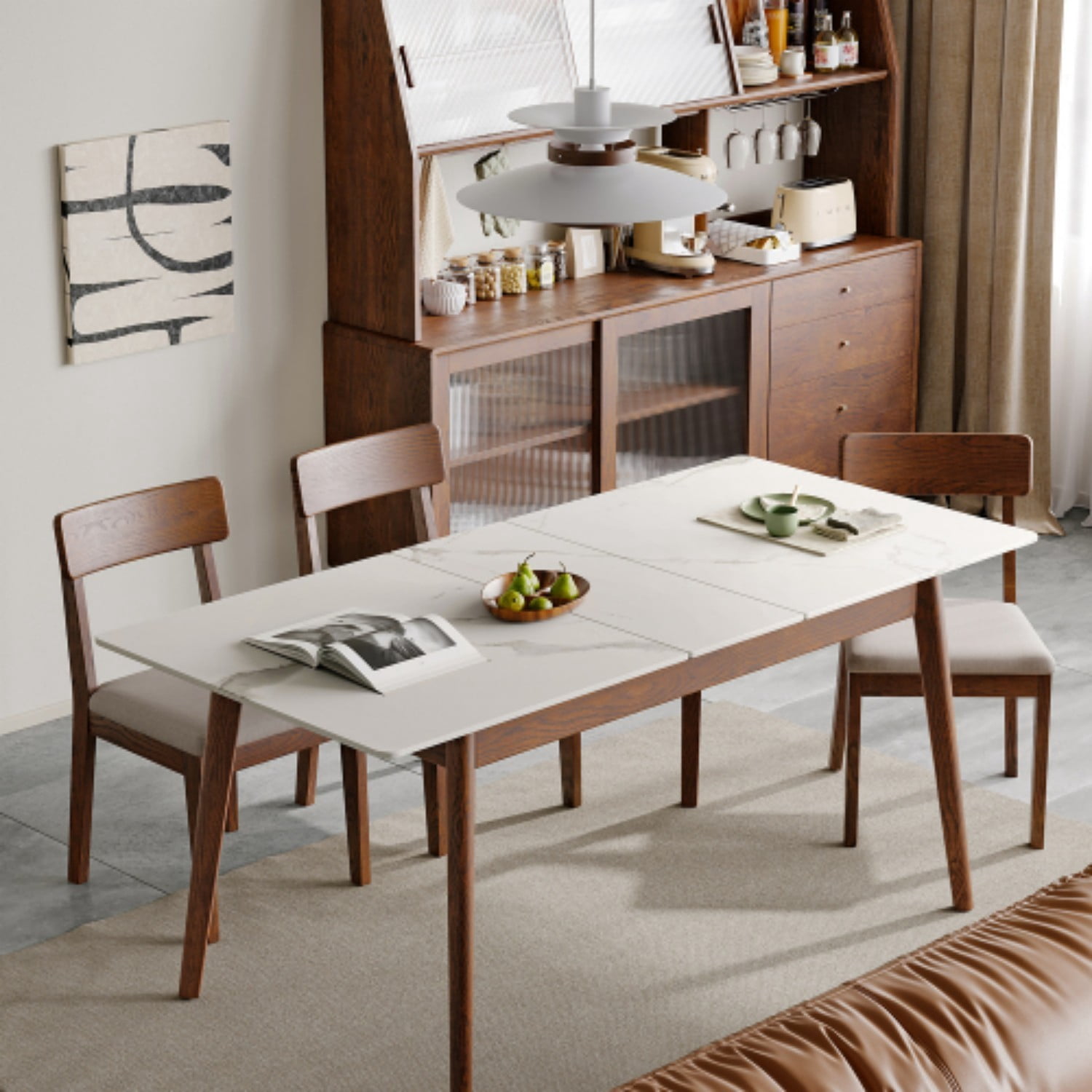 Extendable Solid Oak Dining Table, 47.2"-59.1" Modern Farmhouse Wood Kitchen Table with White Sintered Stone Top, Seats 6-8, Walnut