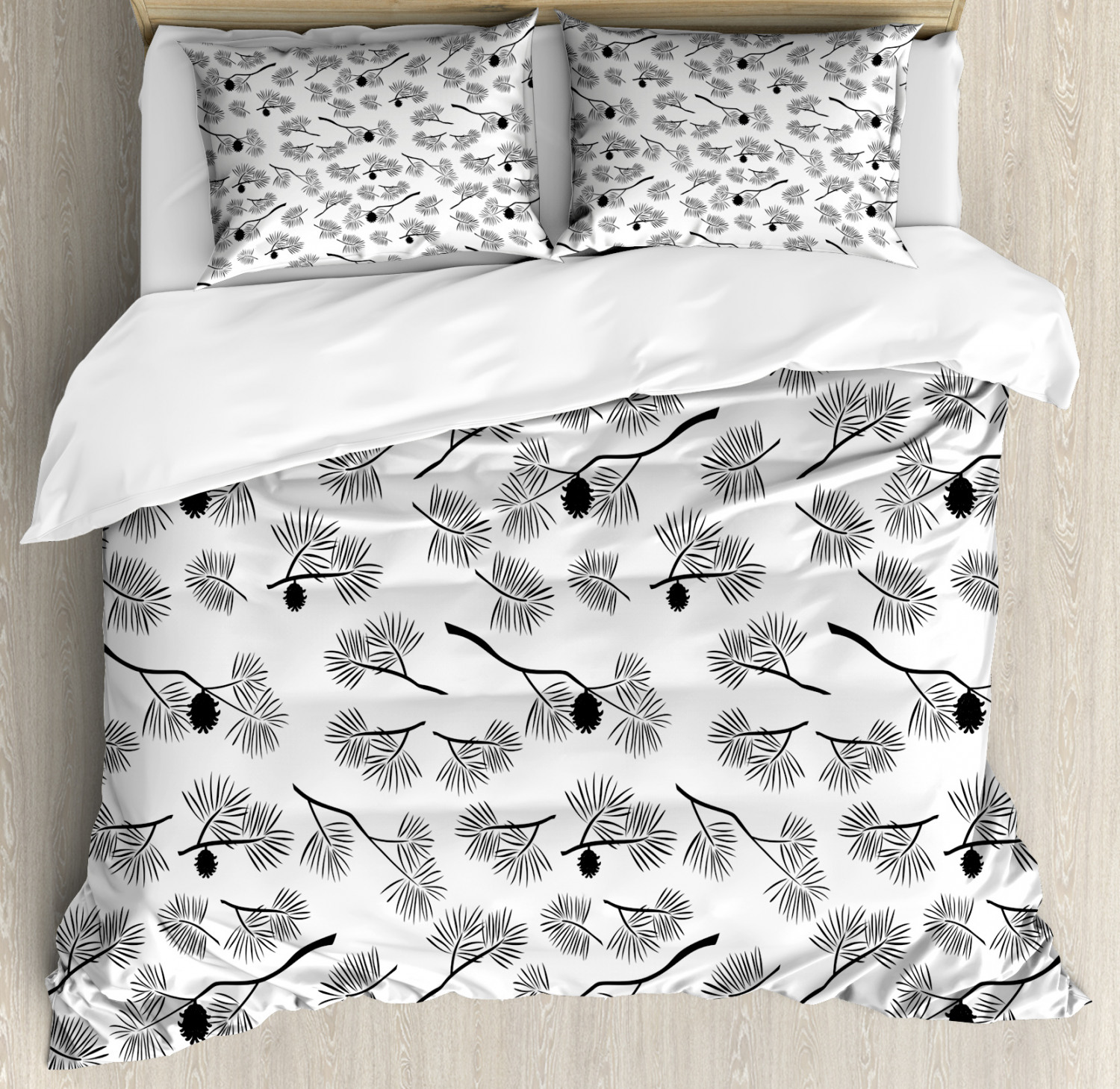 Ambesonne Pine Cone Duvet Cover Set King size, Tree Branches Fir Leaves Needle Shape Northern Woodland Elements Monochrome, Decorative 3 Piece Bedding Set with