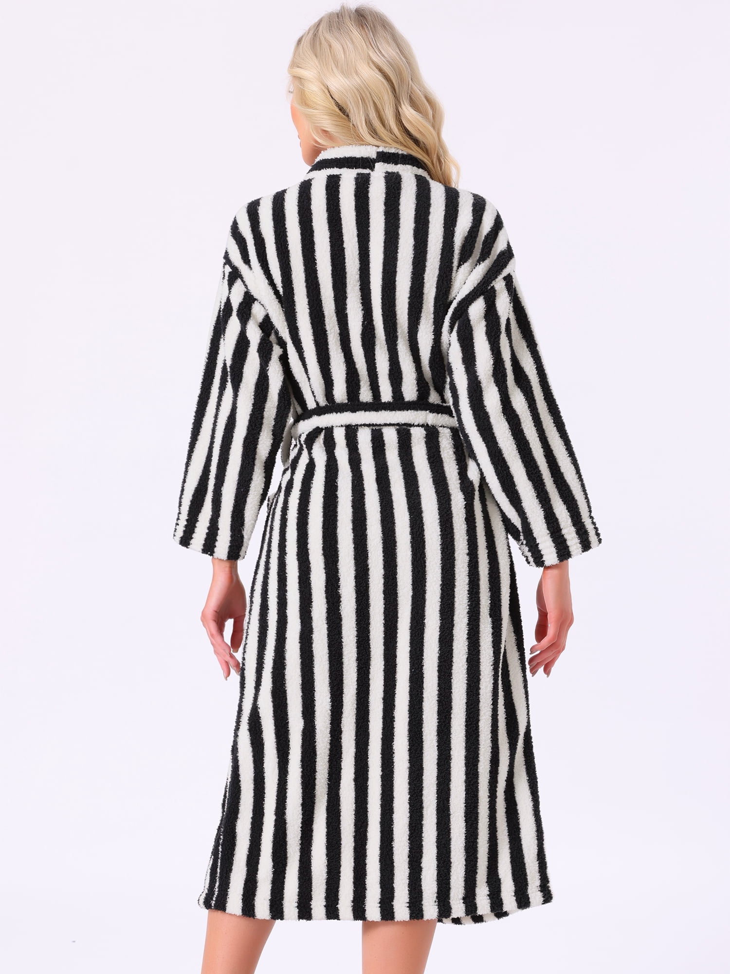 DARING DIVA Women's Fleece Fluffy Belt Full Length Striped Plush Bath Robe L Black