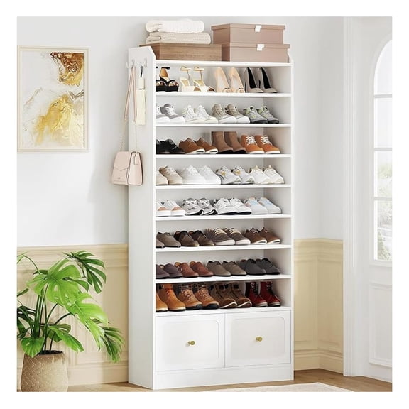Shoe Storage Cabinet, 10 Tiers Shoe Cabinet with 2 Cloth Drawers, Wooden Freestanding Shoes Organizer with 2 , 40-45 Pairs, Shoes Cubby Organizer for Entryway, White SR52903MI