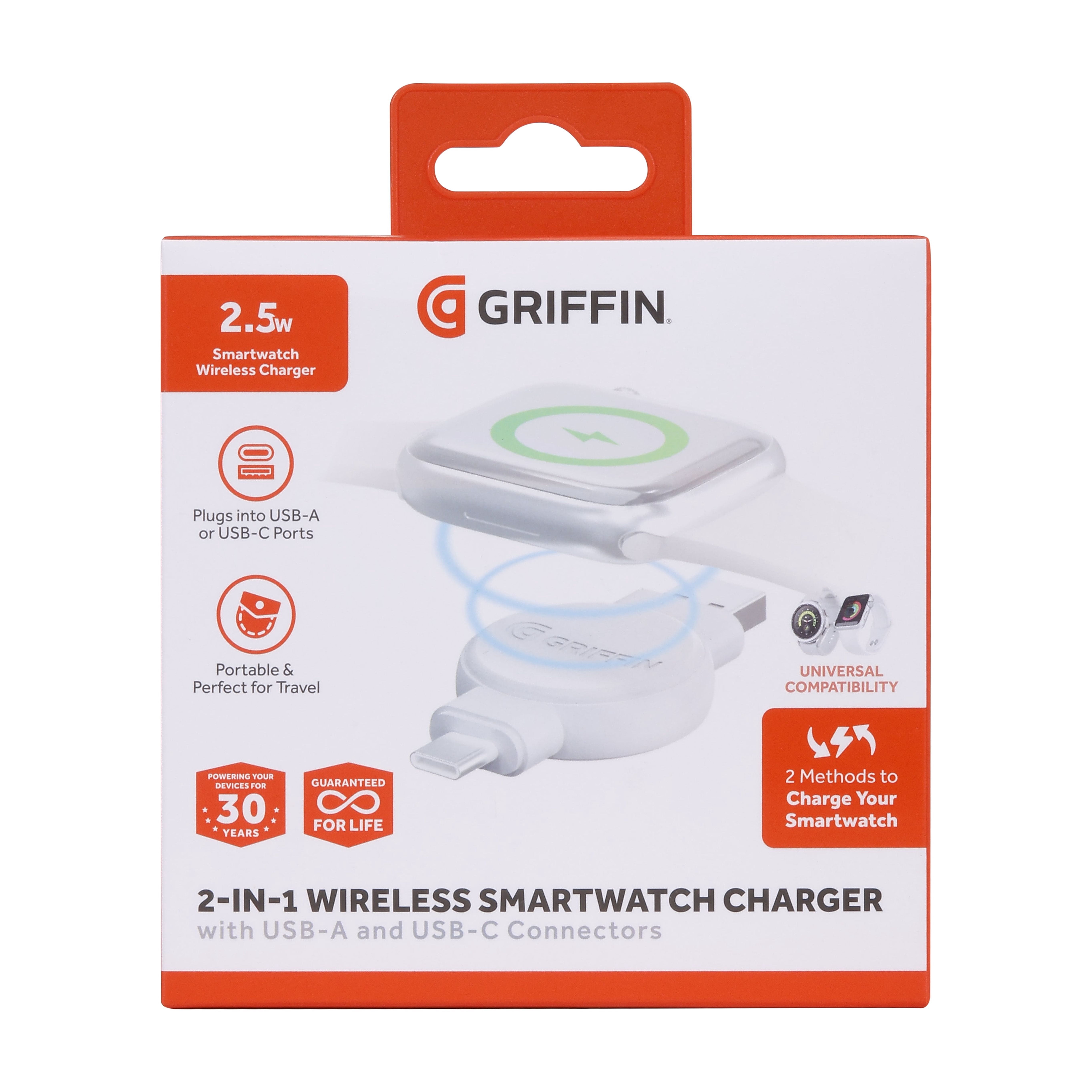 Griffin 2-in-1 Wireless Smartwatch Charger, USB-A & USB-C Charging Cable, 2.5W, Portable Travel Charger for Smartwatches, Universal Compatibility
