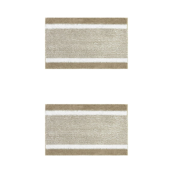 Unique Bargains Chenille Striped Bath Mats 2 Pcs Non-Slip Soft Plush Shaggy Bathroom Rugs Khaki 16" x 24"
