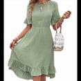 thumbnail image 2 of Vestidos de Mujer de Corta, Cintura Alta, Cuello Redondo, Liso, con Volantes, Verde Frijol, Talla M, 2 of 8