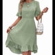 thumbnail image 2 of Vestidos de Mujer de Corta, Cintura Alta, Cuello Redondo, Liso, con Volantes, Verde Frijol, Talla M, 2 of 8