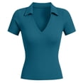 thumbnail image 4 of Daznico Women's Collared V Neck Ribbed Knit Polo Shirt Short Sleeve Casual Fitted Solid Tops,S, 4 of 4