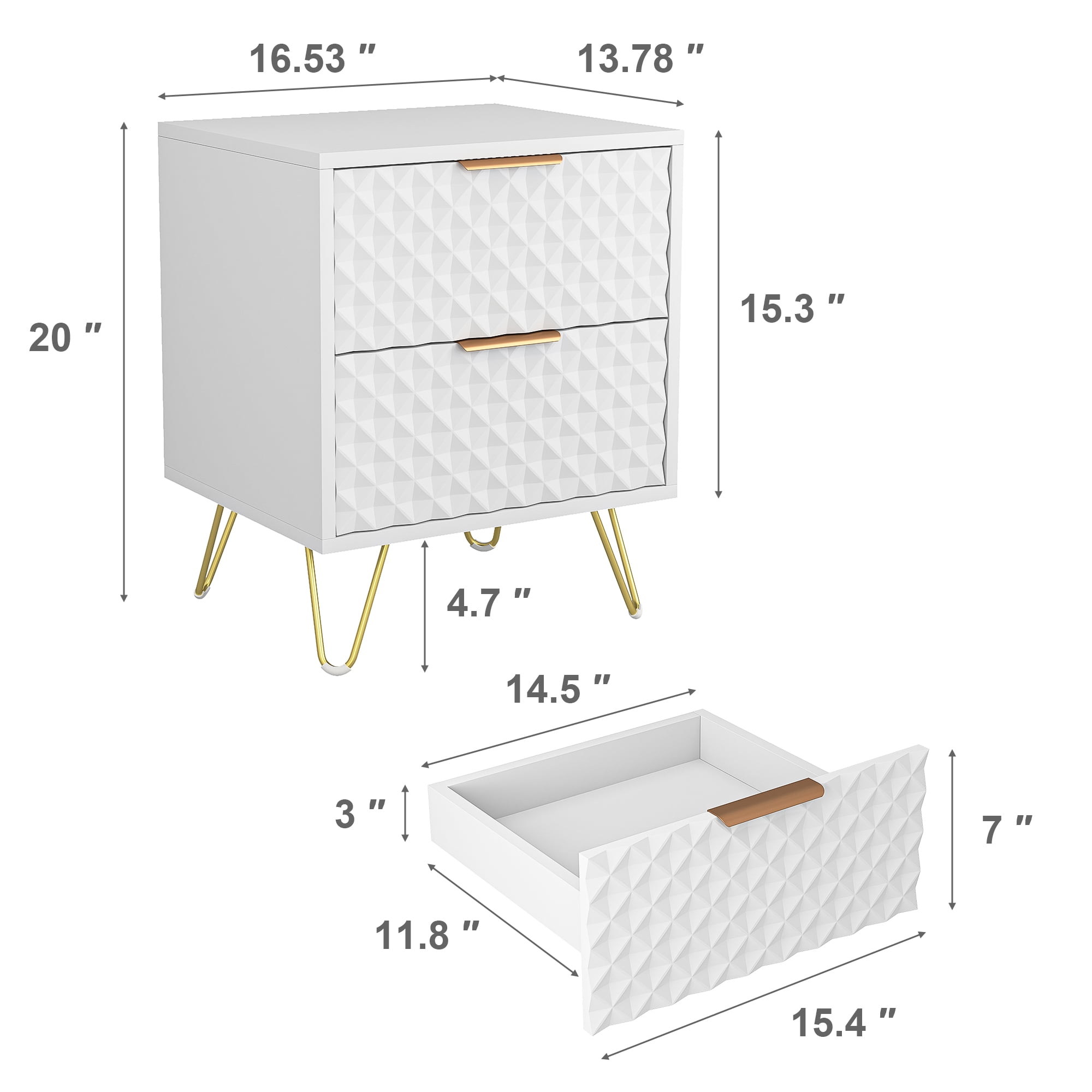 Resenkos 2 Drawer Bedroom Nightstand Set of 2 with Gold Metal Handle and Legs, White Bedside Table