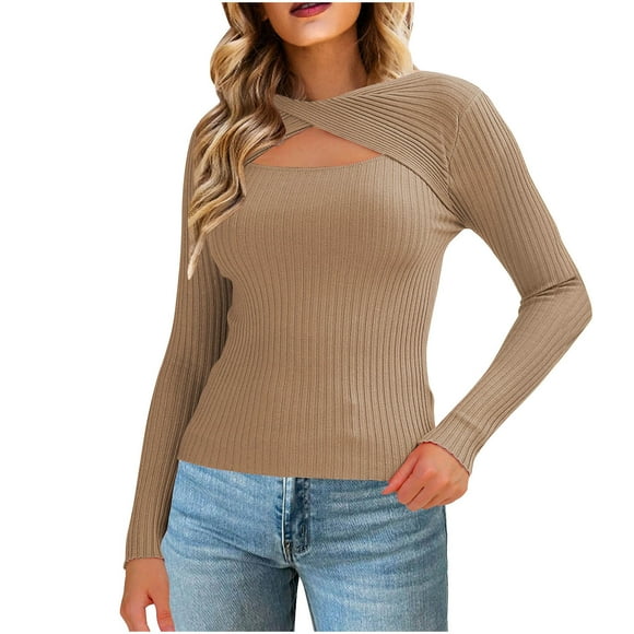tarylea Fall Tops for Women Ribbed Knitted Cross Front Tops Front Keyhole Slim Fitted Shirts Long Sleeve Casual Dailywear