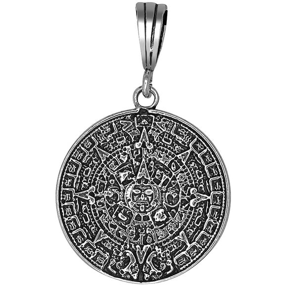 Sterling Silver Aztec Calendar Charm Pendant Necklace Antique Finish with 24 Inch Figaro Chain