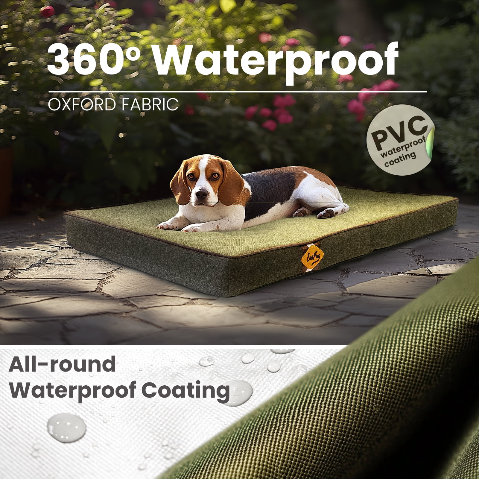 Laifug Foldable Waterproof Dog Bed for Large Dogs - Outdoor Orthopedic Dog Bed with Washable Removable Cover, Pet Mattress with Handles, Army Green, (44 x 32 x 3.5, inches)