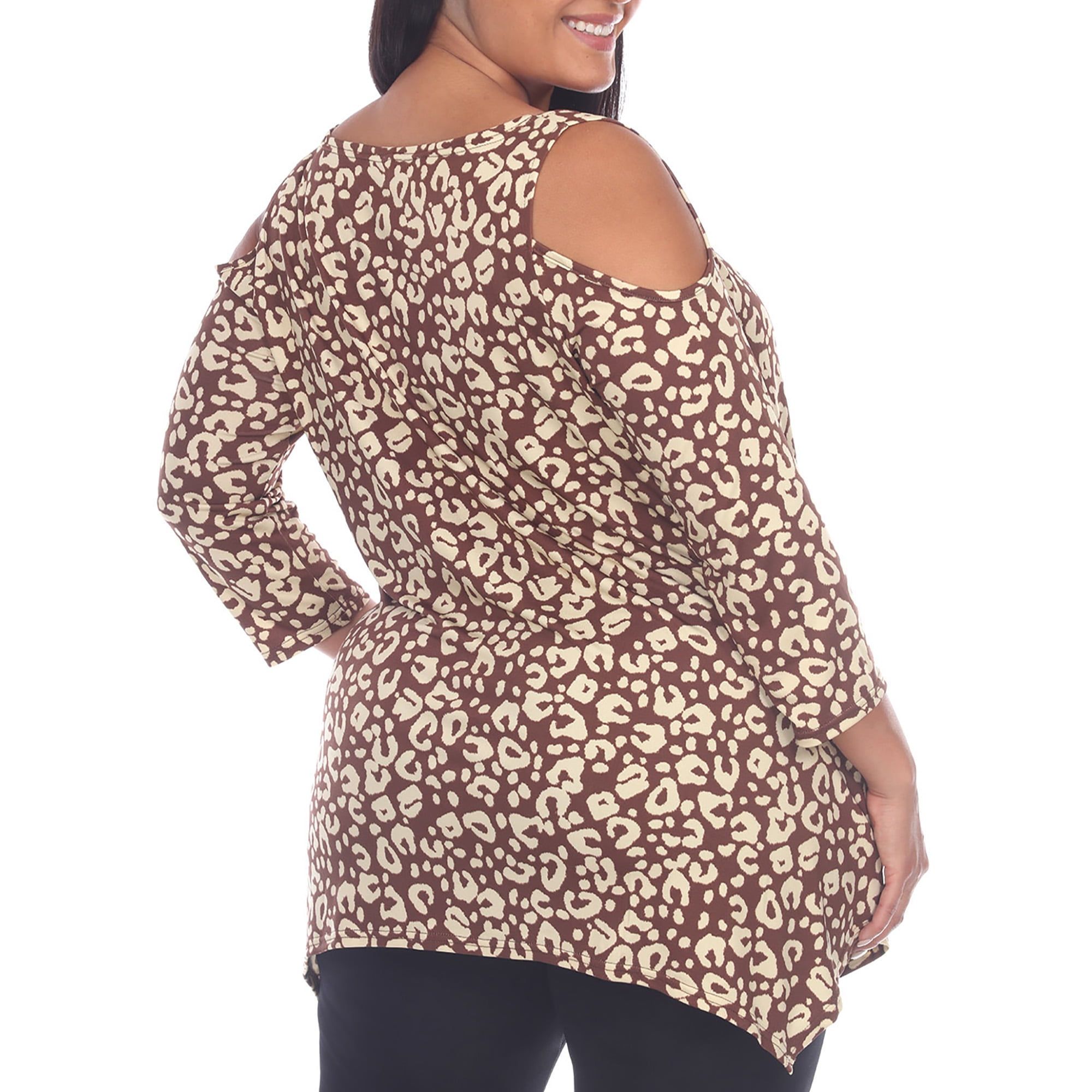 White Mark Fashion Casual Leopard Print Cold Shoulder Top, Women's Plus