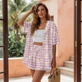 thumbnail image 3 of FKEKYI Women's Short Set 2 Piece Summer Outfits Open Front Shirt Top & Shorts with Elastic Waistband Daisy Flower Pink Plaid Print Soft Beachwear Causal Lounge Set Resort Wear, L, 3 of 7