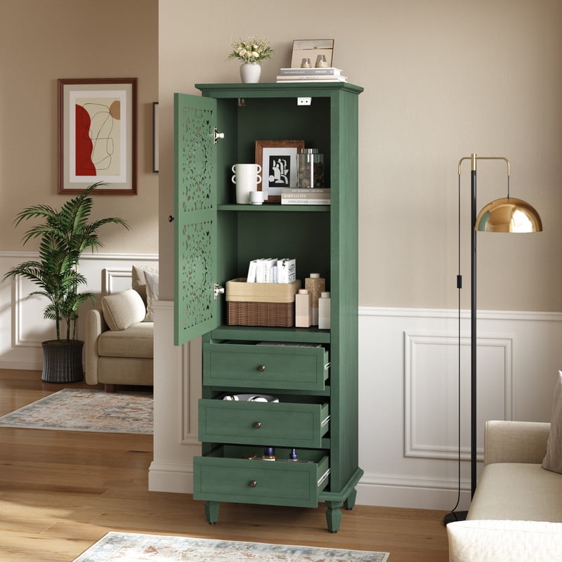 Vintage Storage Cabinet with Carved Door & 3 Drawers, Freestanding Decorative Sideboard, Display Cabinet with Adjustable Shelf