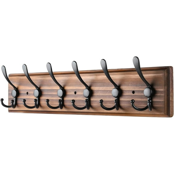 Coat Rack Wall Mount, Wooden Heavy Duty Coat Rack for Wall,6 Triple Coat Hanger Hooks for Hanging Coats,Jacket,Hat,Clothes (Brown, 6 Hooks)