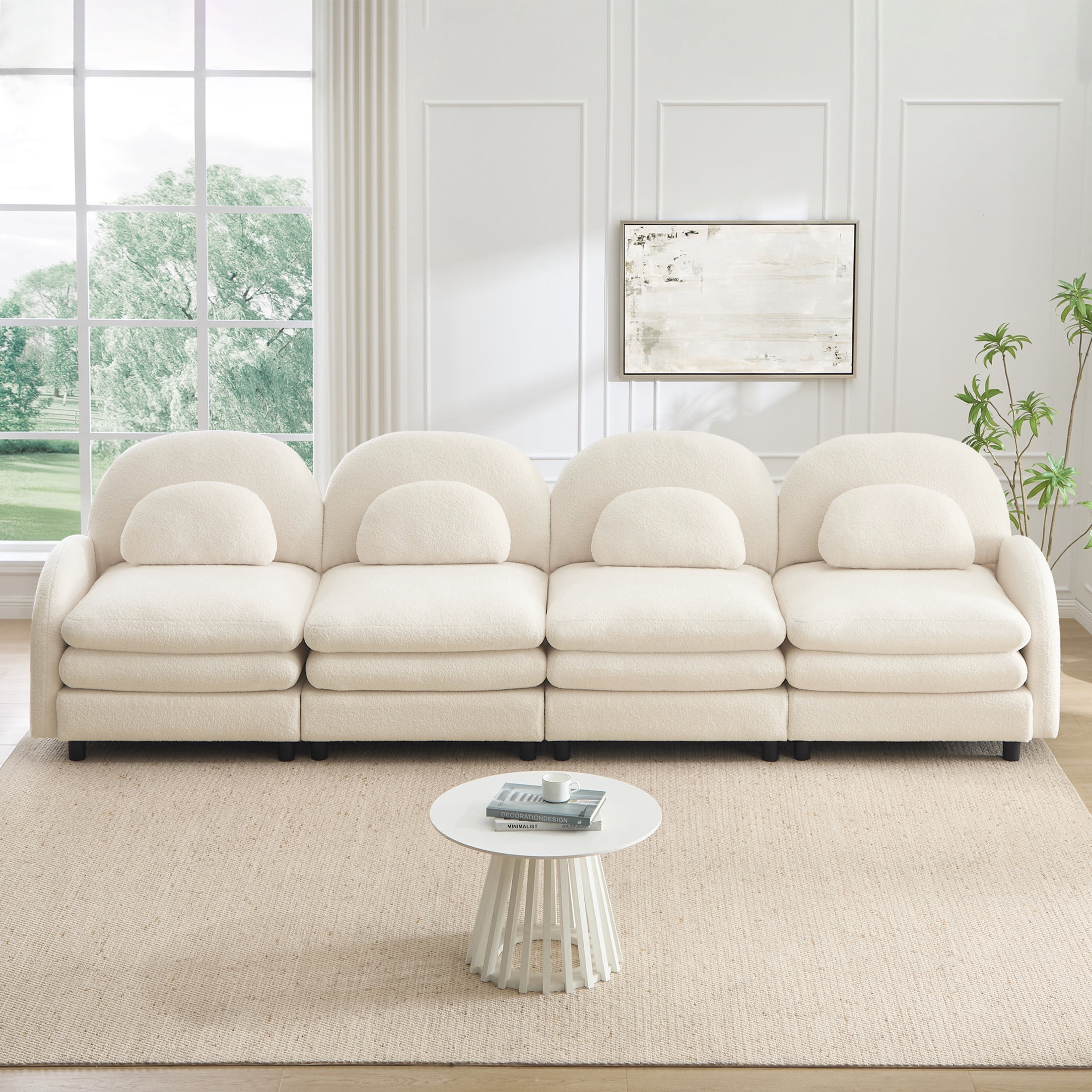 Noble House Windsor Teddy Fabric 4-Seater Sectional Sofa, Modular Cloud Couch with Lumbar Pillows, Beige