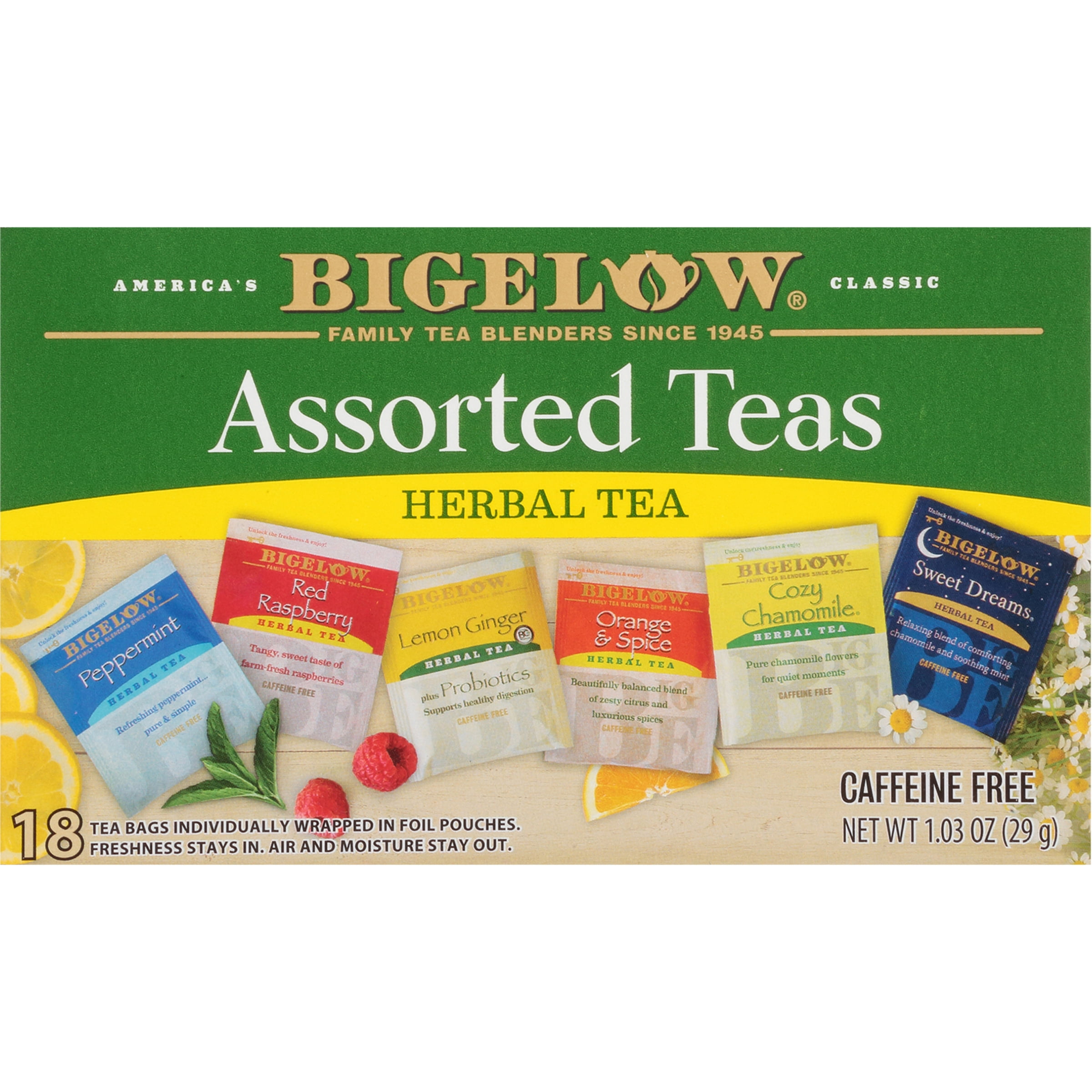 Bigelow Assorted Herbal Teas Variety Pack, Caffeine-Free Tea Bags, 18 Count