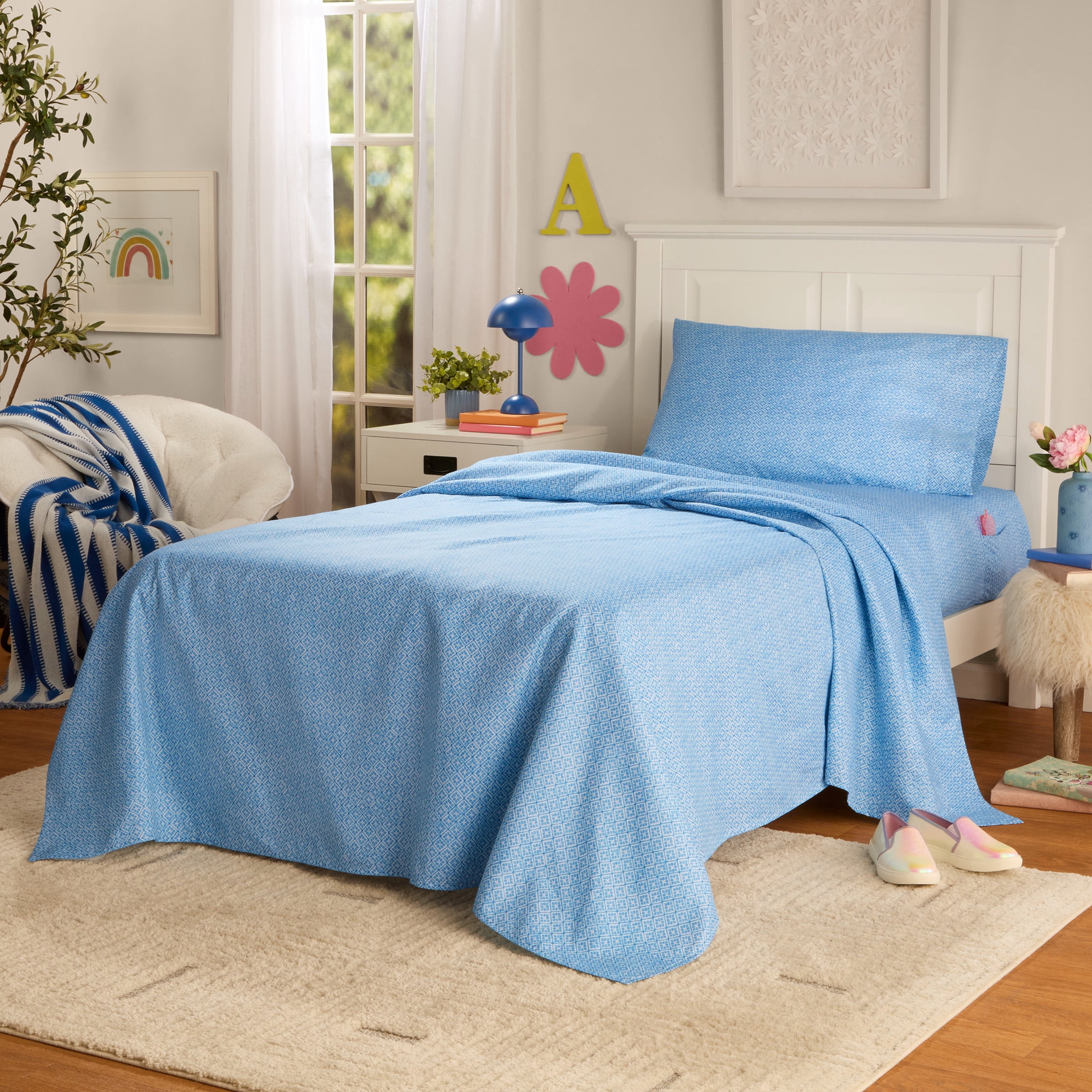 Mainstays by Becky G. & Alejandra 3-Piece Blue Cool Geo Super Soft Microfiber Bed Sheet Set, Twin-XL