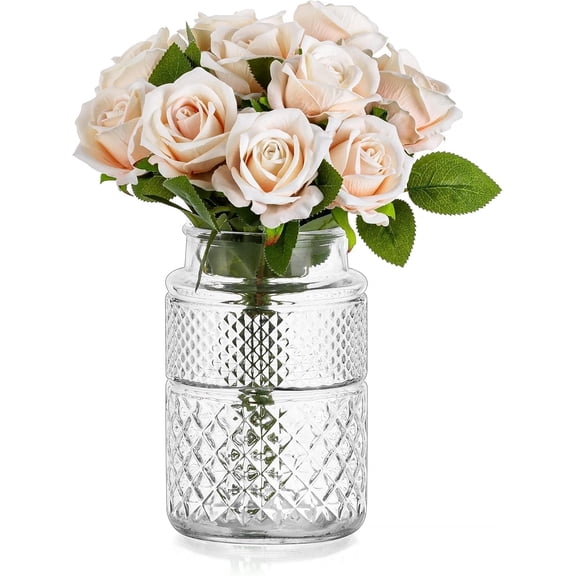Vintage Glass Flower Vases: Rustic Large Clear Vase Embossed Crystal Vases for Flowers Wide Mouth Vase Decorative Boho Vases for Decor Wedding Table Centrepiece Dining Room Height 7.87''