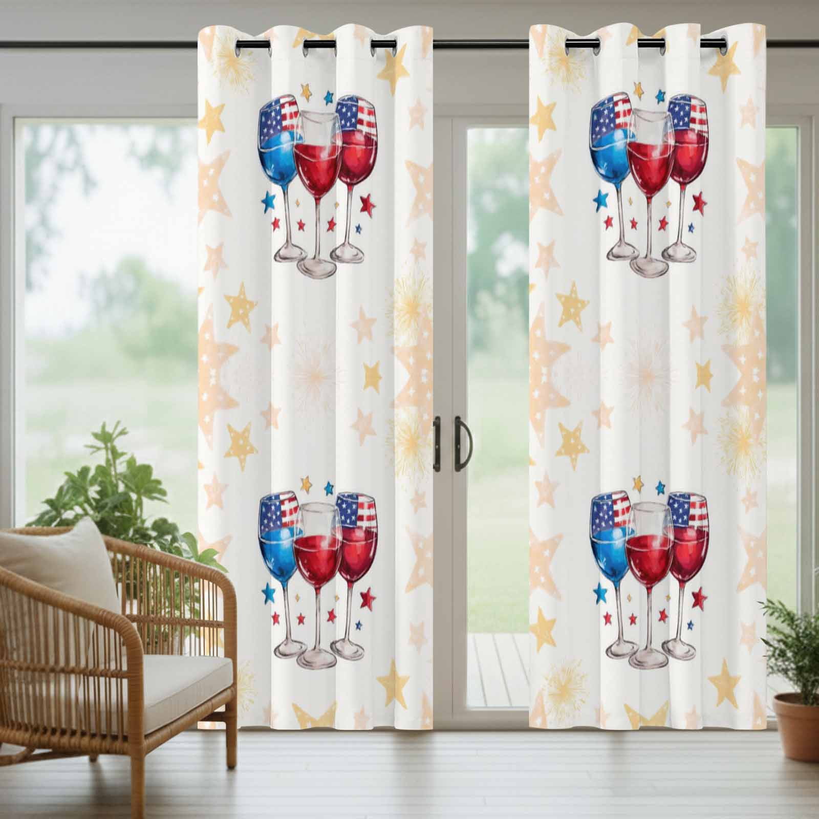 Independence Day Wine Outdoor Curtains for Patio, American Flag Red Blue Star Yellow Firework Sunshade Privacy Drapes Grommet Waterproof Outside Curtains for Porch/Cabana/Balcony 54"x 108", 1 Panel