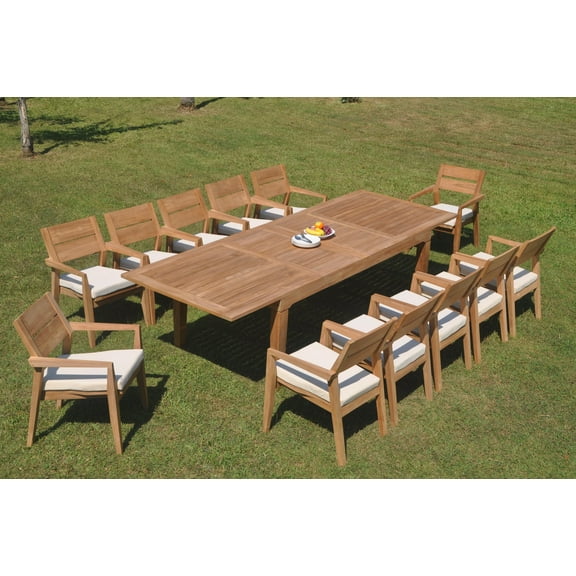 Grade-A Teak Dining Set: 12 Seater 13 Pc: 122" Caranas Double Extension Rectangle Table And 12 Vellore Stacking Arm Chairs WholesaleTeak #WMDSWVm