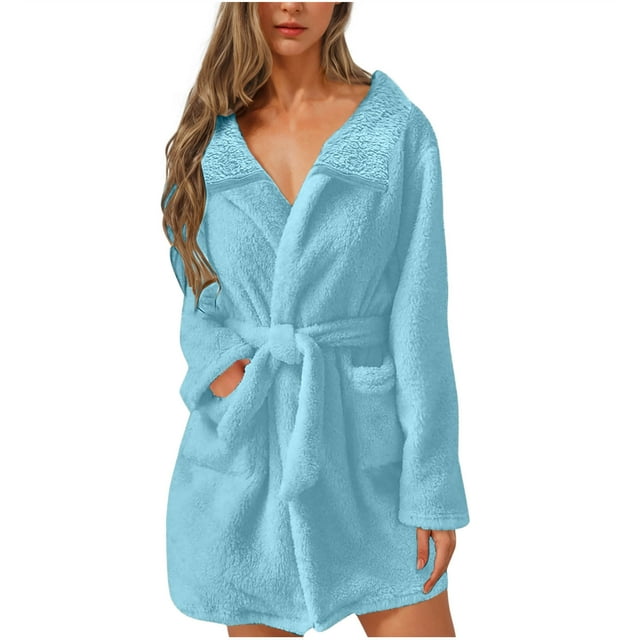 Amzcrzy Robes pour Femmes Chaudes Couleur Unie Manches Longues Col en Peluche Robe Moelleuse Confortable Décontractée Taille Ajustable Peignoir pour Femmes avec Poches m