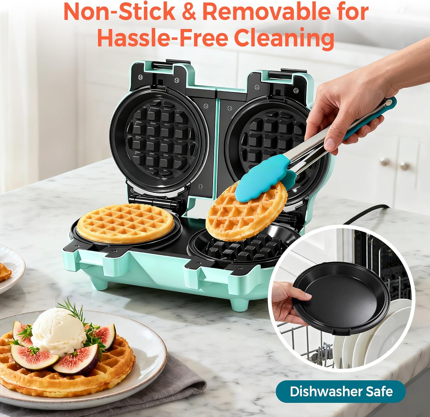 2-in-1 Double Waffle & Pancake Maker -  4" Nonstick Iron with Removable Plates for Small Spaces