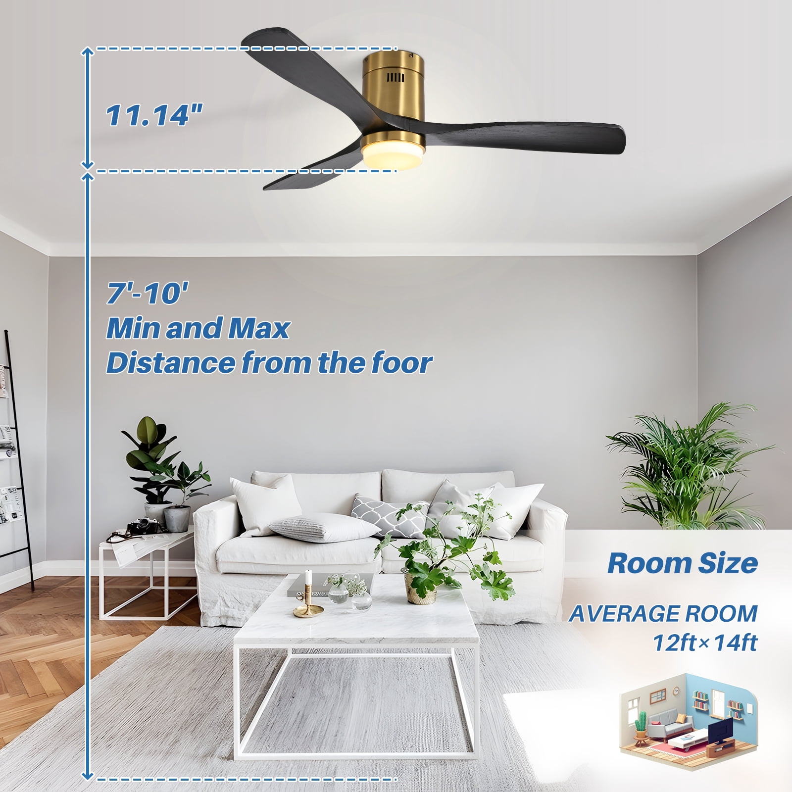 Sofucor 52" Modern Ceiling Fan with Dimmable LED Light, Matte Black Wood Blades, Remote Control