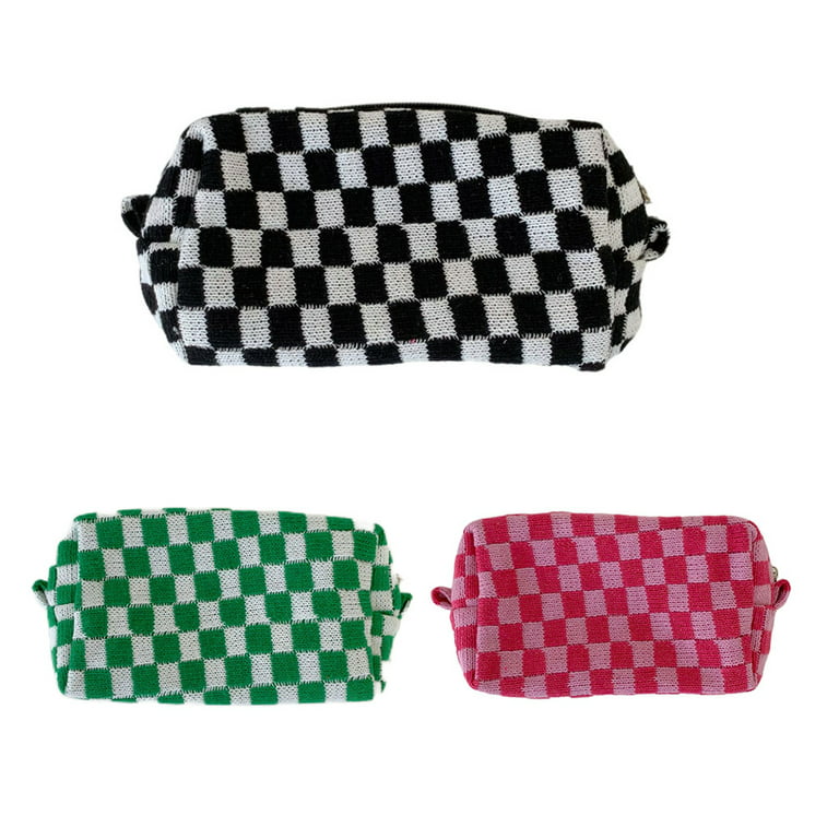 1pc Plaid Student Pencil Case/makeup Bag With Knitting Yarn