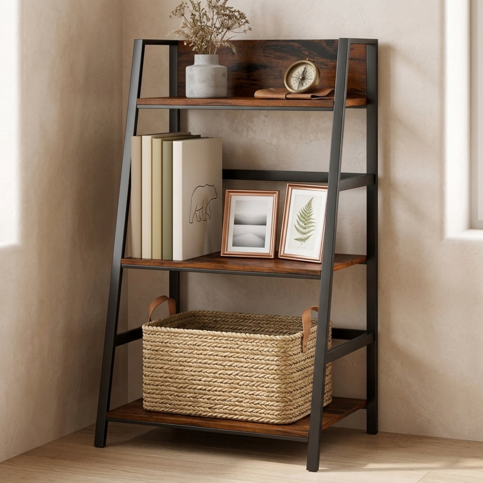 Furnibear 3-Tier Ladder Industrial Bookshelf with Metal Frame for Living Room Home Office Bedroom Display Storage Shelf, Coffee