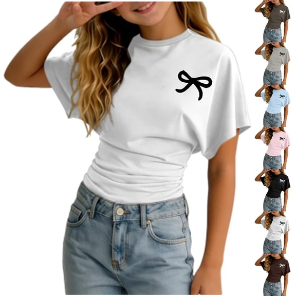 SOFTCCLO Girls Tshirts Short Sleeve Crewneck Graphic Tees Cute Bow Print Waist Cinched Stylish Casual T-Shirts for Girls Size 3-4Y