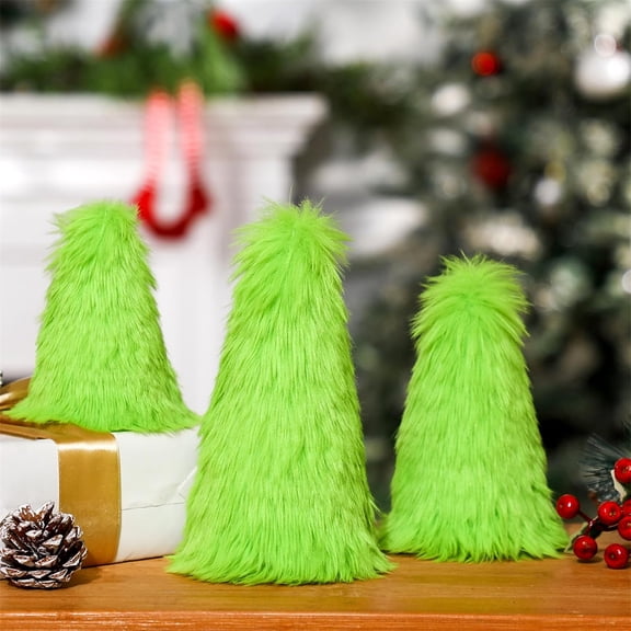3 Pcs 3 Sizes Lime Green Furry Christmas Decorations Tutuviw Mini Fuzzy Xmas Tree Tabletop Decor Soft Faux Fur Table Centerpieces Gifts for Holiday Xmas Office Home Ornaments Party Supplies