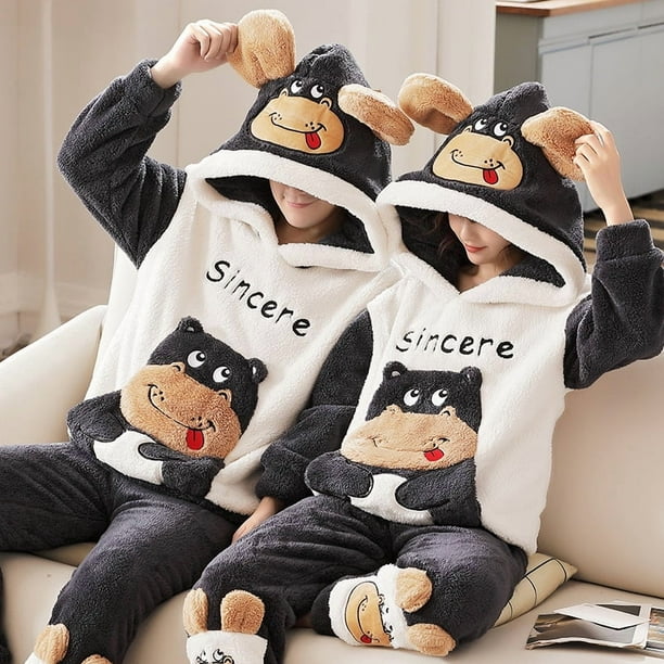 Pijama grande de terciopelo coral grueso para hombre y mujer, traje de otoño e invierno de franela con bordado de dibujos animados, traje de casa para hombre y mujer.