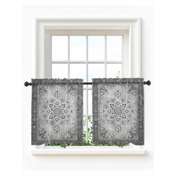 Vintage Ethnic Tier Curtains 24 Inch Length,Sheer Curtains for Bedroom Living Room Window Southwestern Rustic Boho Floral Print Rod Pocket Drapes Kitchen Curtains Small Half Window 27.5"x24" 2 Panels