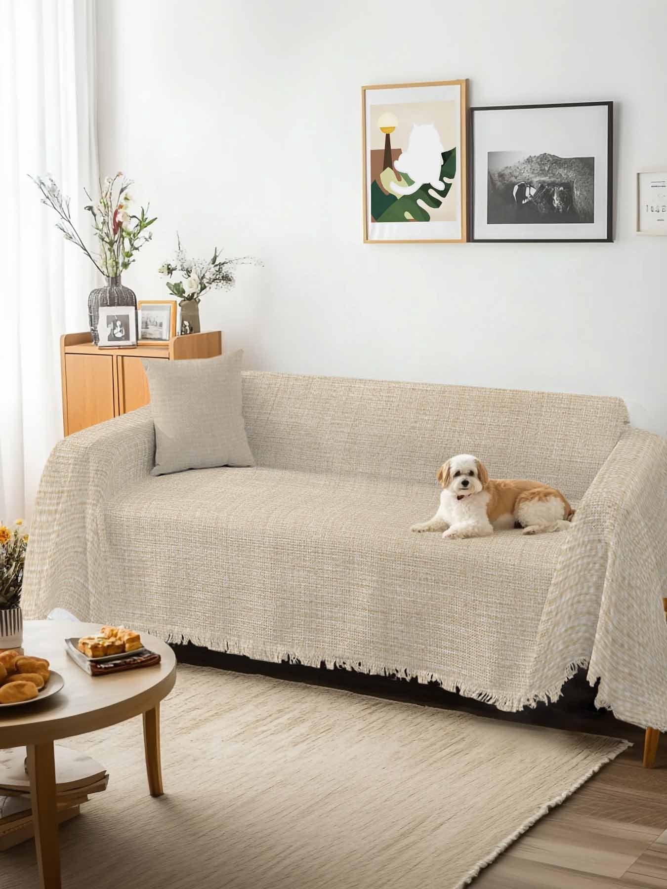 Vintage Cream Couch Cover for Dogs, Farmhouse Retro Beige Solid Color Washable Sofa Covers Slipcover for Pets Dogs Futon Cover, Couch Recliner Covers, Oversized Chair Slipcover 71"x91"