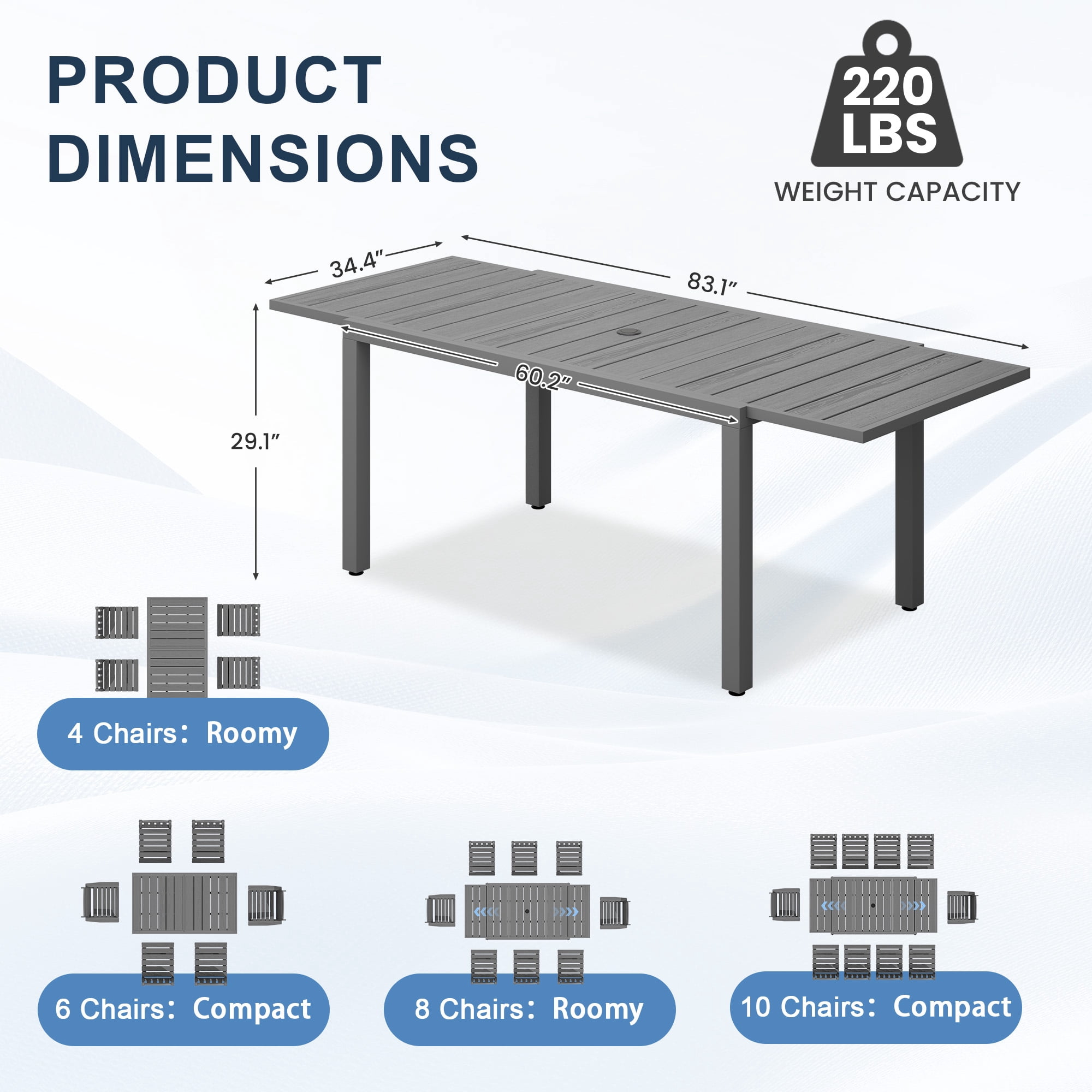SERWALL 7-Piece Outdoor Dining Set with Expandable Patio Dining Table and 6 Chairs, 60–83 Inch All-Weather HDPE Patio Furniture Sets for Backyard, Garden, Deck, Poolside - Gray