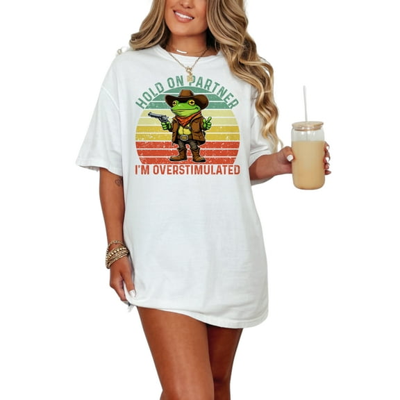 Frog Cowboy Hold On Partner Im Overstimulated T Shirt, Funny Frog Cowboy Graphic Tee, Cute Frog Cowboy Shirt, Quirky Graphic Tee, White Comfort Colors T-Shirt, Small