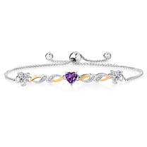 Gem Stone King 925 Silver and 10K Yellow Gold Lab Grown Diamond and Purple Amethyst Bracelet for Women | 1.33 Cttw | Gemstone April Birthstone | Heart Shape 5MM | Fully Adjustable 9 inch