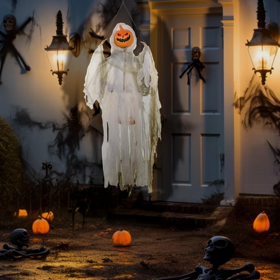 Sound Activated Hanging Ghost with Light Up Eyes, Creepy Pumpkin Halloween Prop with Howling Sounds for Haunted House Party Halloween Decoration
