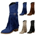 thumbnail image 3 of XIMIN Women Fringe Cowgirl Boots Knee High Boots Embroidered Cowboy Boots Stud Square Toe Mid Calf Western Boots with Chunky Heel Comfort Tall Western Boots, 3 of 7