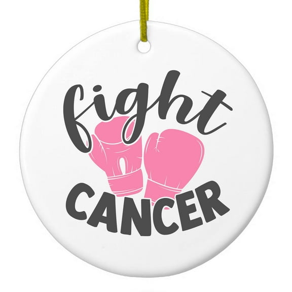 DistinctInk Hanging Ceramic Christmass Tree Ornament with Gold String - Great Gift / Present - 2 3/4 inch diameter - Pink Ribbon Cancer - Fight Boxing Gloves