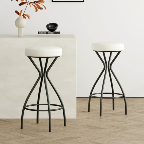 Lisonu Modern Backless Bar Stools, Set of 2, 30" Round Velvet Upholstered Bar Height Stools with Metal Frame for Kitchen Island, Creamy White & Black