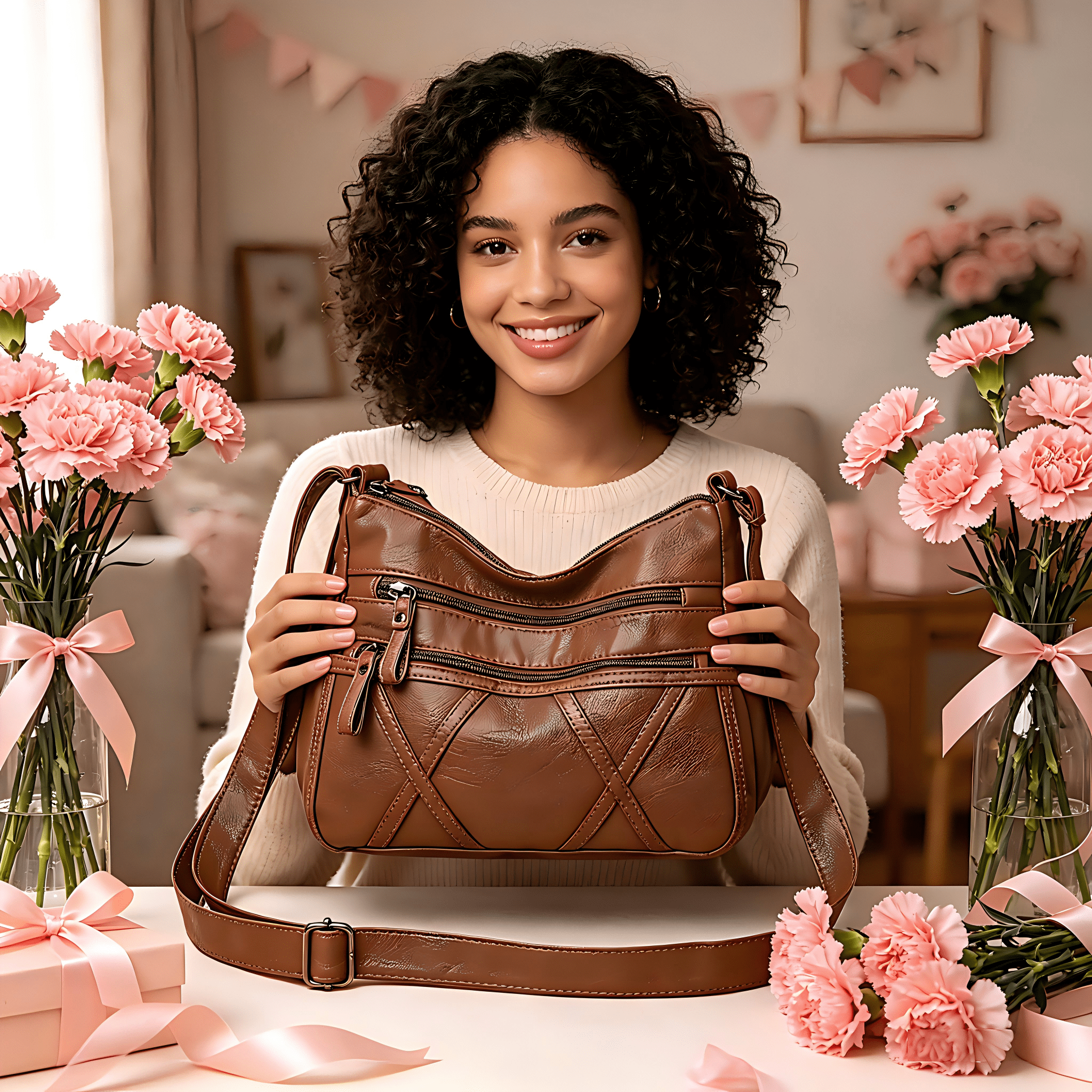 FIDAC Women's Shoulder Bag PU Leather Solid Multi Pocket Crossbody Bag, Brown, 1-Piece
