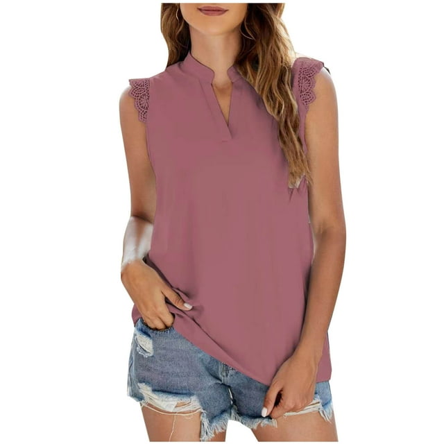 Blusas de Verano Ligeras para Mujeres, Moda Color Sólido sin Mangas Encaje Cuello en V Tanque para Ocasional Y Fiesta