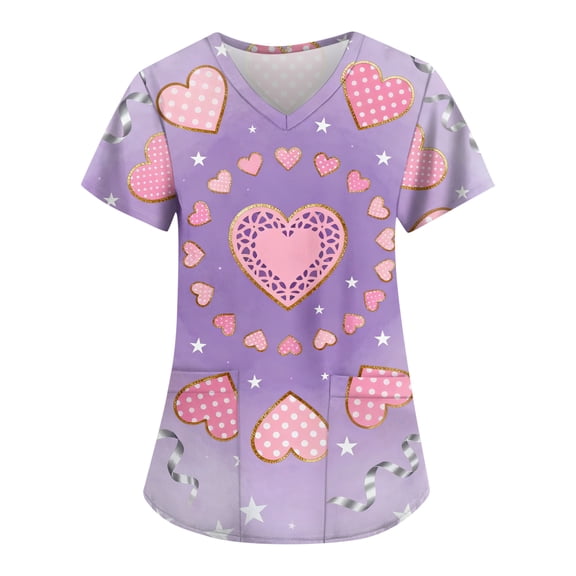 Scrubs for Women Tops Animal Print Shirt V Neck Cartoon Pattern Short Sleeve Nursing Uniform with Pockets 2025 Purple M