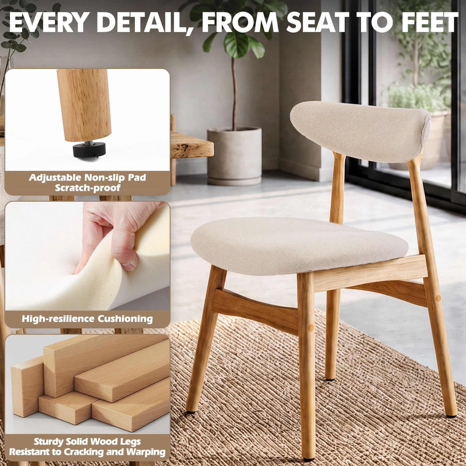 Upholstered Dining Chairs Set of 2, Lumbar-Ergonomic Backrest Chairs with Adjustable Foot Pads