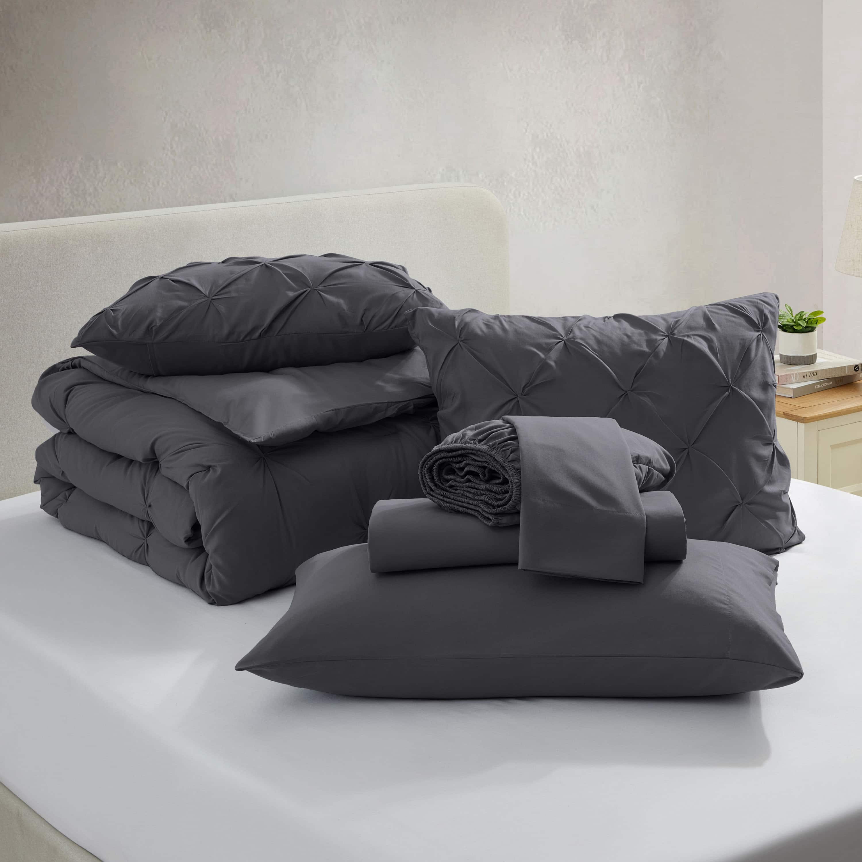 LammaLoe California King Size comforter Sets, 7 Piece Bed In A Bag Pintuck Bedding Sets, Dark Grey