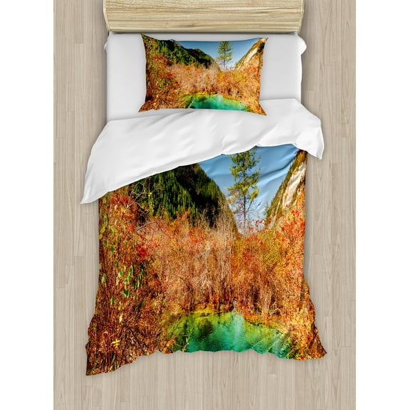Ambesonne Nature Duvet Cover Set, Idyllic Autumn Season, Twin, Green Amber